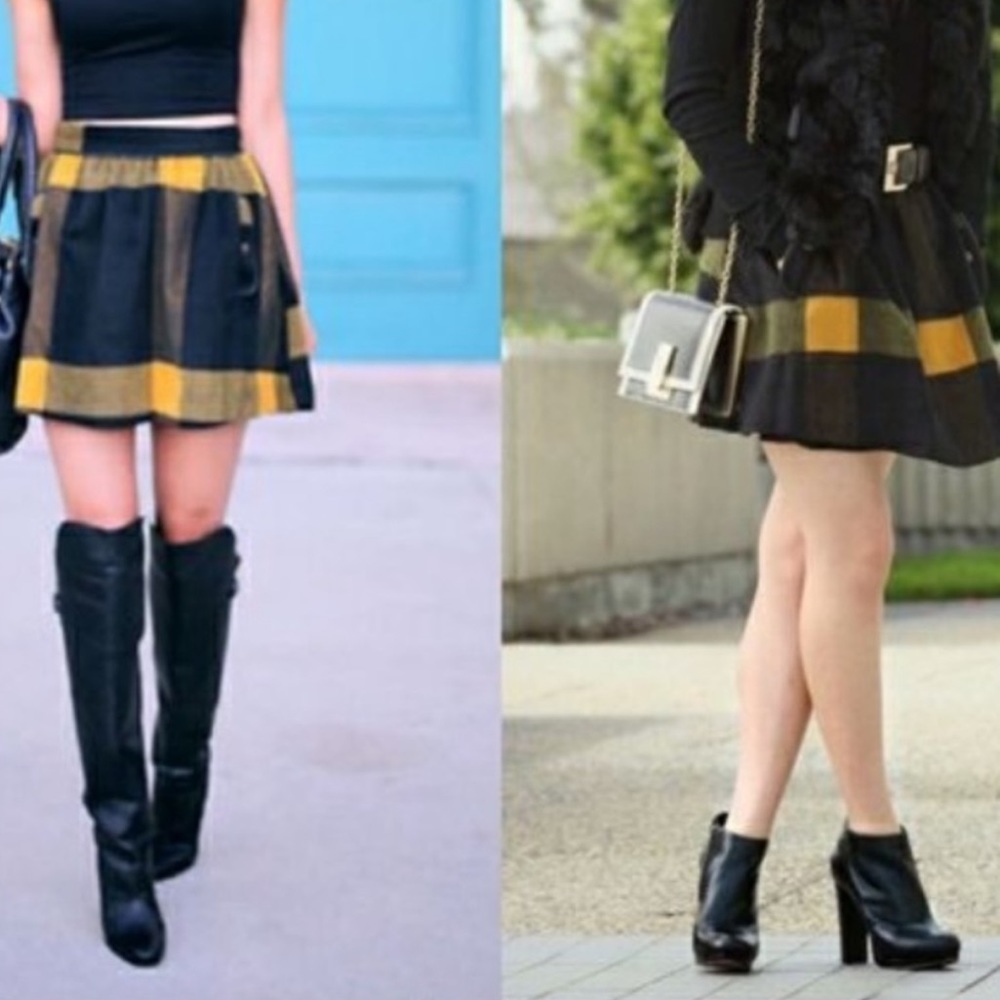 Free People Women’s Black Yellow Buffalo Plaid Wool Skirt Size 2